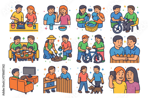 Daily Proximity Icons. Colorful isometric vector icons set of proximity in daily routines: couple cooking together in kitchen, people brushing teeth side by