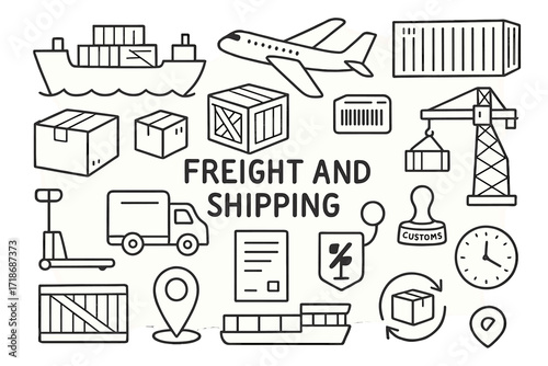 Freight and Shipping Doodles. Hand-drawn doodle illustration Freight and Shipping cargo ship, airplane, delivery box, crate, barcode label, pallet jack, truck,