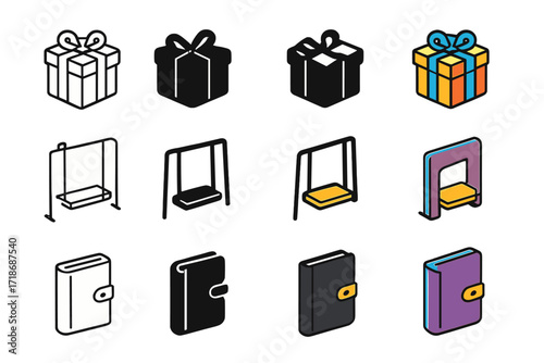 Iconic Memories Collection. Icon Set of Lonely Memories: Forgotten gift, Empty swing, Closed diary. Icons set in vector style, emblematic variations. Forgotten