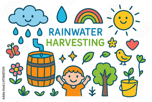 Rainwater Harvesting Doodles. Colorful Hand-drawn doodle Children illustration Rainwater Harvesting rain cloud, water droplet, barrel, bucket, rainbow, flower,