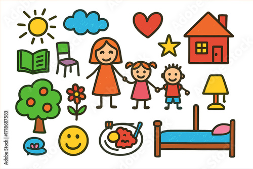 Colorful Home Doodles. Home life. Colorful Hand-drawn doodle Children illustration house, family, tree, sun, cloud, heart, star, book, chair, flower, food