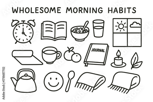 Wholesome Morning Doodles. Hand-drawn doodle illustration Wholesome morning habits alarm clock, book, granola bowl, glass of water, fruit, journal, cup of tea,