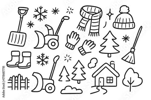 Winter Work Doodles. Hand-drawn doodle illustration Winter work snow shovel, snow blower, broom, snowflake, boots, gloves, hat, scarf, star, spark, house,