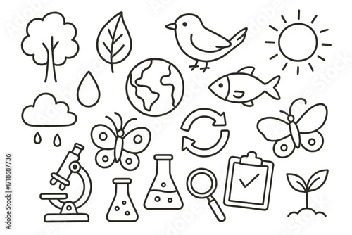 Biodiversity Lab Icons. Hand-drawn doodle illustration biodiversity and climate lab tree, leaf, bird, fish, butterfly, globe, cloud, raindrop, microscope,