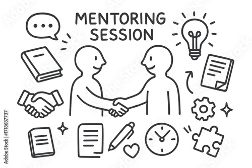 Mentoring Session Doodles. Hand-drawn doodle illustration Mentoring session [two figures, handshake, light bulb, book, notebook, pen, chat bubble, arrow, gear,