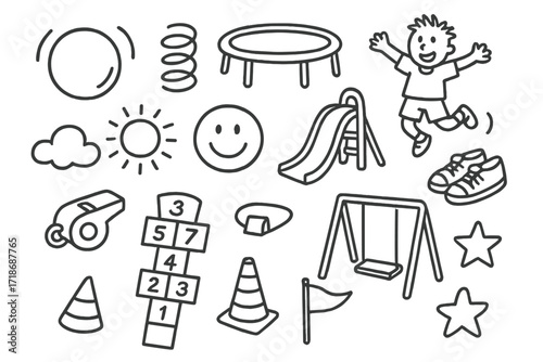 Playground Fun Icons. Hand-drawn doodle illustration Bouncy ball bouncing ball, spring, trampoline, child jumping, sneakers, smiley face, playground slide,