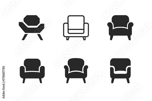 Diverse Armchair Logos. Interior Design. Set Logo of Interior Design: Armchair. harmonious logo variations of the same emblematic concept, each with different