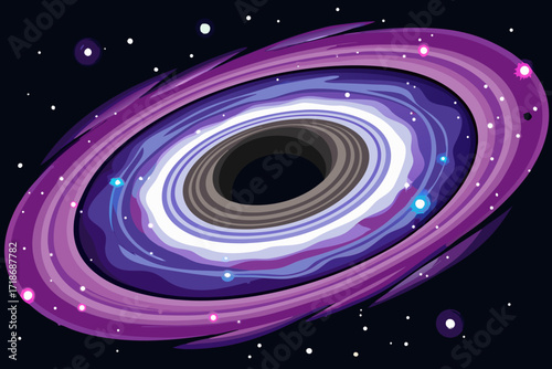 A vibrant, swirling accretion disk of purple and blue surrounds a black hole in deep space, with stars scattered across the dark background