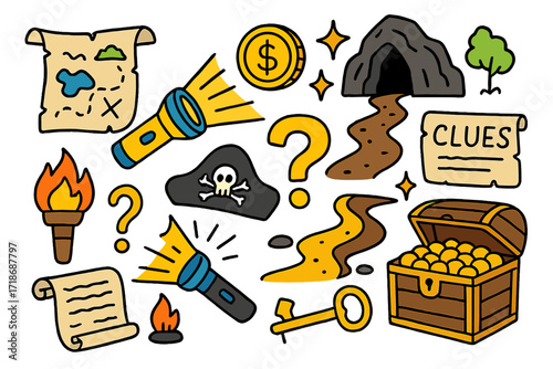 Children's Treasure Adventure. Colorful Hand-drawn doodle Children illustration Treasure Hunt with Flashlight treasure map, flashlight, gold coin, cave, rock,
