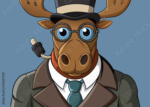 A distinguished moose wearing a top hat, spectacles, and a suit, looking sophisticated and intelligent, with a pipe in its mouth