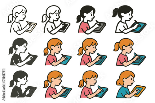 Digital Artist Logo Grid. Set Logo of Young artists: Girl with digital drawing tablet. Logo set in vector style, emblematic variations. line, bold thick line,