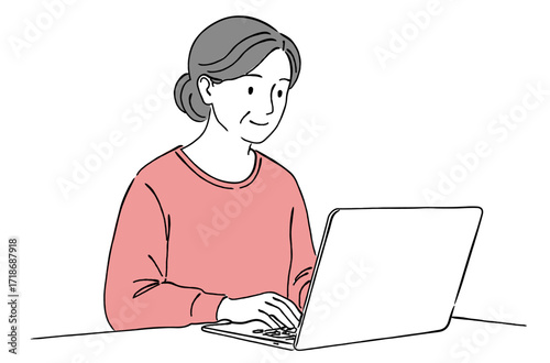 デスクでノートパソコンで作業をするシニア女性のおしゃれな線画アイコンベクターイラスト / リモートワーク / 在宅オフィス / ラインアート