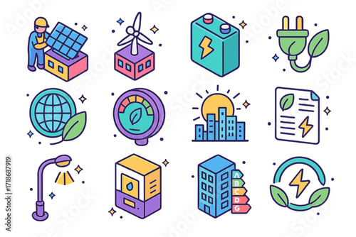 Renewable Energy Icons. Colorful isometric vector icons set of renewable energy in cities: solar panel installation, wind turbine on rooftop, battery storage
