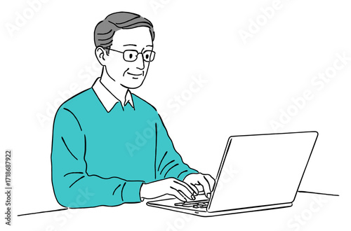 デスクでノートパソコンで作業をするシニア男性のおしゃれな線画アイコンベクターイラスト / リモートワーク / 在宅オフィス / ラインアート