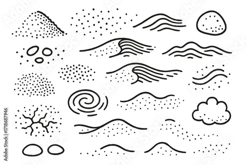 Sandy Texture Doodle. Hand-drawn doodle illustration Sand and Dust Texture [grain pile, tiny dots scatter, pebble, dune line, sand ripple, dusty arc, desert