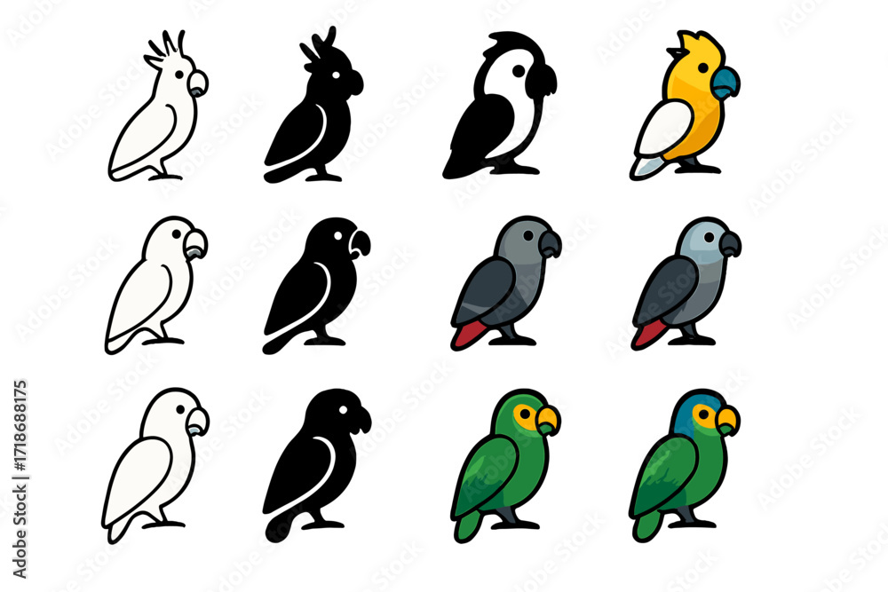 Naklejka premium Exotic Parrot Icon Set. Icon Set of Exotic Parrots: Cockatoo, African grey, Amazon parrot. Icons set in vector style, emblematic variations. Cockatoo line,