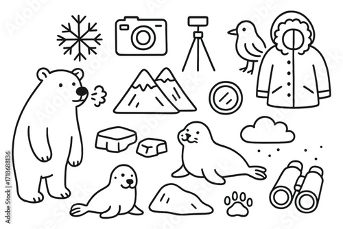 Arctic Wildlife Doodle. Hand-drawn doodle illustration Arctic wildlife photography [polar bear, snowflake, camera, tripod, ice, seal, mountain, bird, paw