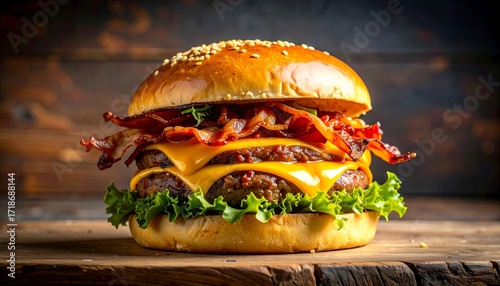 Delicious cheeseburger on a rustic wooden board