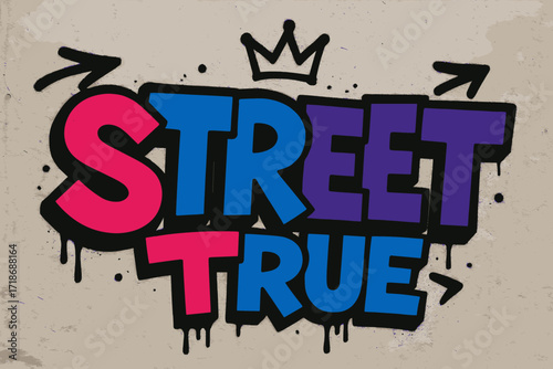 Graffiti Block Letters. Street True ? Graffiti Simplified style, tilted thick block letters with dripping outline, flat spray fills, crowned with arrows, raw