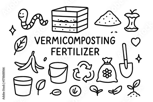Vermicomposting Doodle Icons. Hand-drawn doodle illustration Vermicomposting fertilizer [worm, compost bin, soil mound, leaf, sprout, apple core, banana peel,