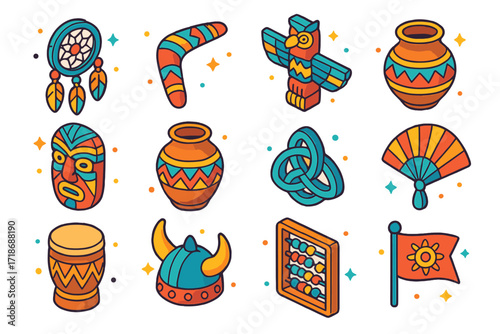 Cultural Iconography Showcase. Colorful isometric vector icons set of Cultural symbols and artifacts: dreamcatcher, boomerang, totem pole, peace pipe, tribal