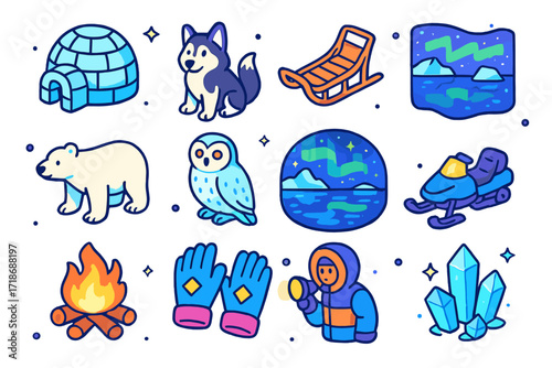 Arctic Adventure Icons. Colorful isometric vector icons set of arctic aurora scenery: igloo, husky dog, sled, aurora over icebergs, polar bear, snowy owl,