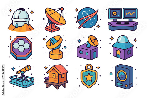 Observatory Icons Collection. Colorful isometric vector icons set of Observatories and research centers: mountain observatory dome, large radio telescope,