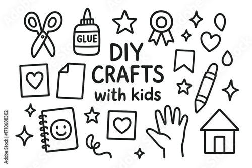 DIY Craft Doodles. Hand-drawn doodle illustration DIY crafts with kids scissors, glue, paper, kid hand, stars, ribbon, sticker, heart, crayon, cut shape,