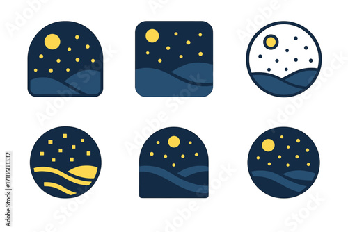 Firefly Logo Variations. Shifting landscapes fireflies. Set Logo of Shifting landscapes fireflies: fireflies in night sky with horizon. harmonious logo
