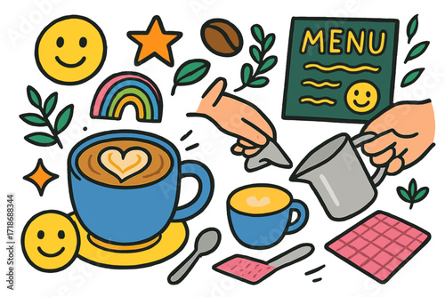 Latte Art Delight. Colorful Hand-drawn doodle Children illustration Latte art heart shape, smiley foam, coffee mug, barista hand, milk pitcher, coffee bean,