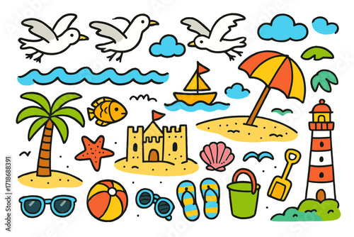 Beach Doodle Delight. Colorful Hand-drawn doodle Children illustration Seagulls flying over the beach seagulls, ocean waves, seashells, starfish, sandcastle,