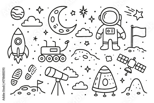 Moon Exploration Doodle. Hand-drawn doodle illustration Moon exploration, moon, astronaut, rocket, rover, telescope, satellite, crater, flag, stars, planet,