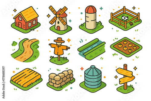 Rural Landscape Icons. Colorful isometric vector icons set of rural landscape elements: farmhouse, windmill, silo tower, fenced pasture, dirt road, scarecrow,
