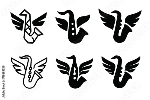 Saxophone Logo Variations. music legend. Set Logo of music legend: saxophone with wings. harmonious logo variations of the same emblematic concept, each with