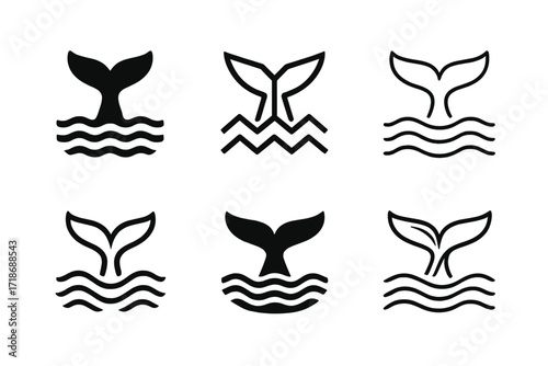Whale Tail Logos. Fauna protection. Set Logo of Fauna protection: whale tail above waves. harmonious logo variations of the same emblematic concept, each with