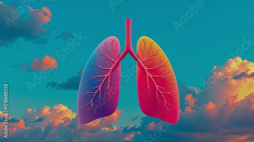 Colorful Lung Illustration with Vibrant Gradient, Healthy Organ, Surreal Sky, Medical Health Concept, Digital Art, Hope, Wellness