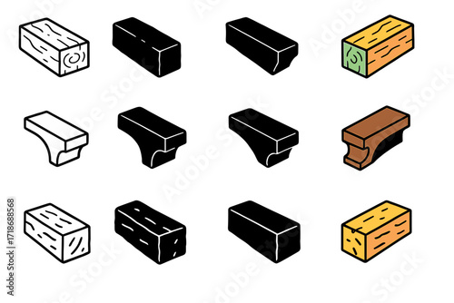 Traditional Beam Icons. Icon Set of Traditional Beam Styles: Rustic farmhouse beam, Decorative beam, Hand-hewn beam. Icons set in vector style, emblematic