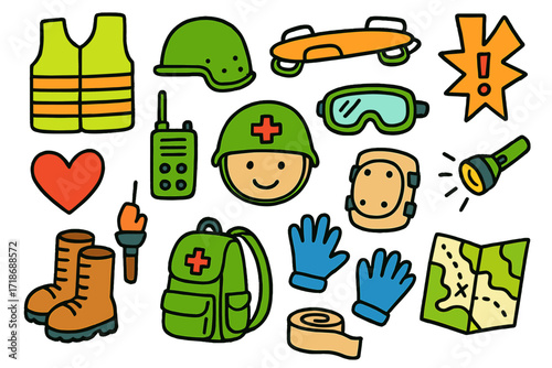 Doodle Rescue Icons. Colorful Hand-drawn doodle Children illustration Combat zone safety vest, helmet, stretcher, goggles, heart icon, walkie-talkie, boots,