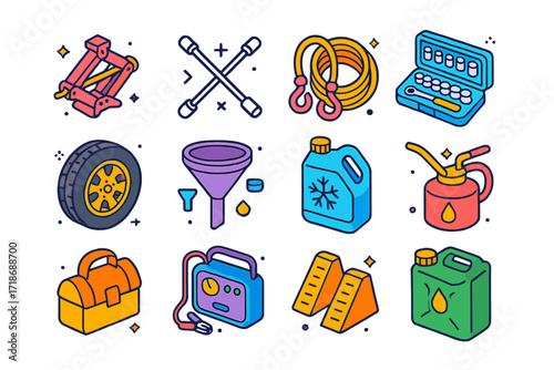 Vehicle Repair Tools Icons. Colorful isometric vector icons set of vehicle repair tools: car jack, lug wrench, tow rope, ratchet set, spare tire, funnel,