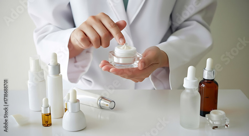 Scientist developing innovative skincare with elegant serum bottles and luxurious cream for radiant beauty and healthy skin in a modern lab setting