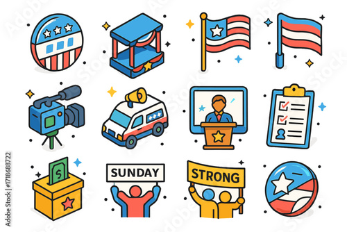 Presidential Campaign Icons. Colorful isometric vector icons set of presidential campaign elements: election button, rally stage, campaign flag, media camera,