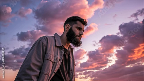 Moody pensive man with beard under dramatic colorful sunset sky, outdoor autumn landscape with clouds, thoughtful solitude and contemplation mood