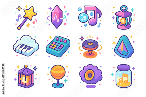 Whimsical Audio Icons. Colorful isometric vector icons set of whimsical audio tools: magic music wand, floating beat crystal, note-shaped bubble machine,