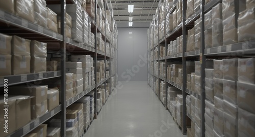 Wallpaper Mural Warehouse interior, Rows of stacked cardboard boxes on shelves, Storage facility, Inventory management, Logistics, Distribution center Torontodigital.ca