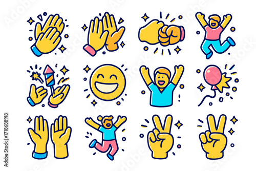 Celebratory Gesture Icons. Colorful isometric vector icons set of Celebratory gestures: clapping hands, high five, fist bump, jumping joy, fireworks in hands,