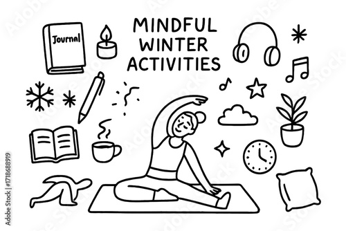 Winter Activities Doodle. Hand-drawn doodle illustration mindful winter activities journal, pen, candle, snowflake, headphones, music note, book, tea cup, yoga