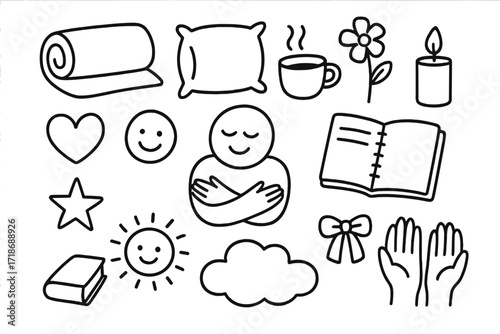 Comfort Icons Doodle. Hand-drawn doodle illustration Comfort and care [blanket, pillow, tea cup, candle, flower, heart, smiling face, hug, notebook, book,