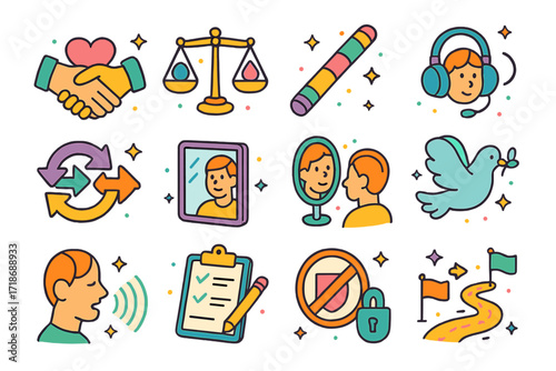 Empathy Icons Collection. Colorful isometric vector icons set of conflict resolution through empathy: handshake with heart, empathy scale, talking stick,