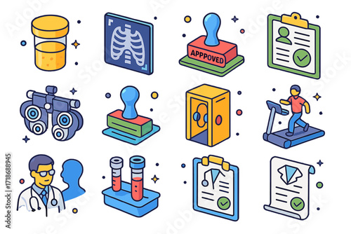 Pre-Employment Medical Icons. Colorful isometric vector icons set of healing process after fracture: bone regrowth, physical therapy, stretching exercise,