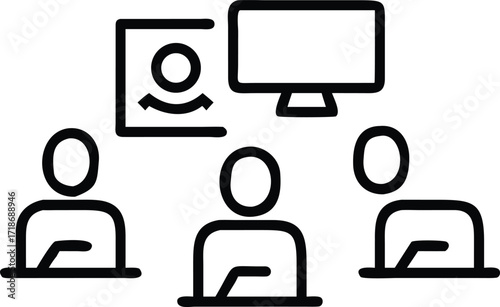 People in a video conference meeting with a screen showing a person online meeting remote work
